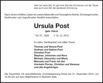 Traueranzeige von Ursula Post von Echo-Zeitungen (Gesamtausgabe)