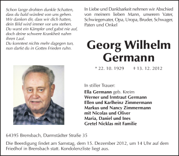 Traueranzeige von Georg Wilhelm Germann von Echo-Zeitungen (Gesamtausgabe)