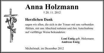 Traueranzeige von Anna Holzmann von Odenwälder Echo