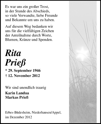 Traueranzeige von Rita Prieß von Echo-Zeitungen (Gesamtausgabe)