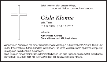 Traueranzeige von Gisla Klönne von Echo-Zeitungen (Gesamtausgabe)