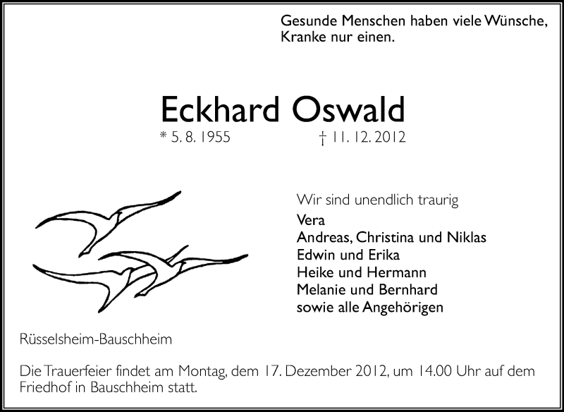  Traueranzeige für Eckhard Oswald vom 14.12.2012 aus Rüsselsheimer Echo, Groß-Gerauer-Echo, Ried Echo