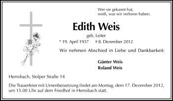 Traueranzeige von Edith Weis von Starkenburger Echo