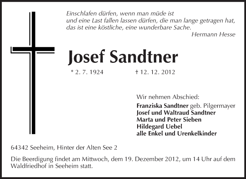  Traueranzeige für Josef Sandtner vom 15.12.2012 aus Echo-Zeitungen (Gesamtausgabe)