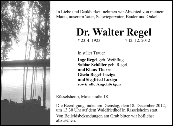 Traueranzeige von Walter Regel von Rüsselsheimer Echo, Groß-Gerauer-Echo, Ried Echo