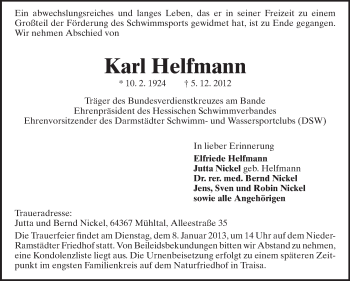 Traueranzeige von Karl Helfmann von Echo-Zeitungen (Gesamtausgabe)