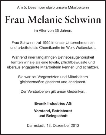 Traueranzeige von Melanie Schwinn von Echo-Zeitungen (Gesamtausgabe)