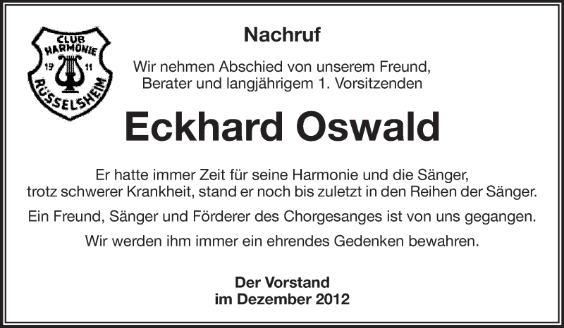  Traueranzeige für Eckhard Oswald vom 15.12.2012 aus Rüsselsheimer Echo, Groß-Gerauer-Echo, Ried Echo