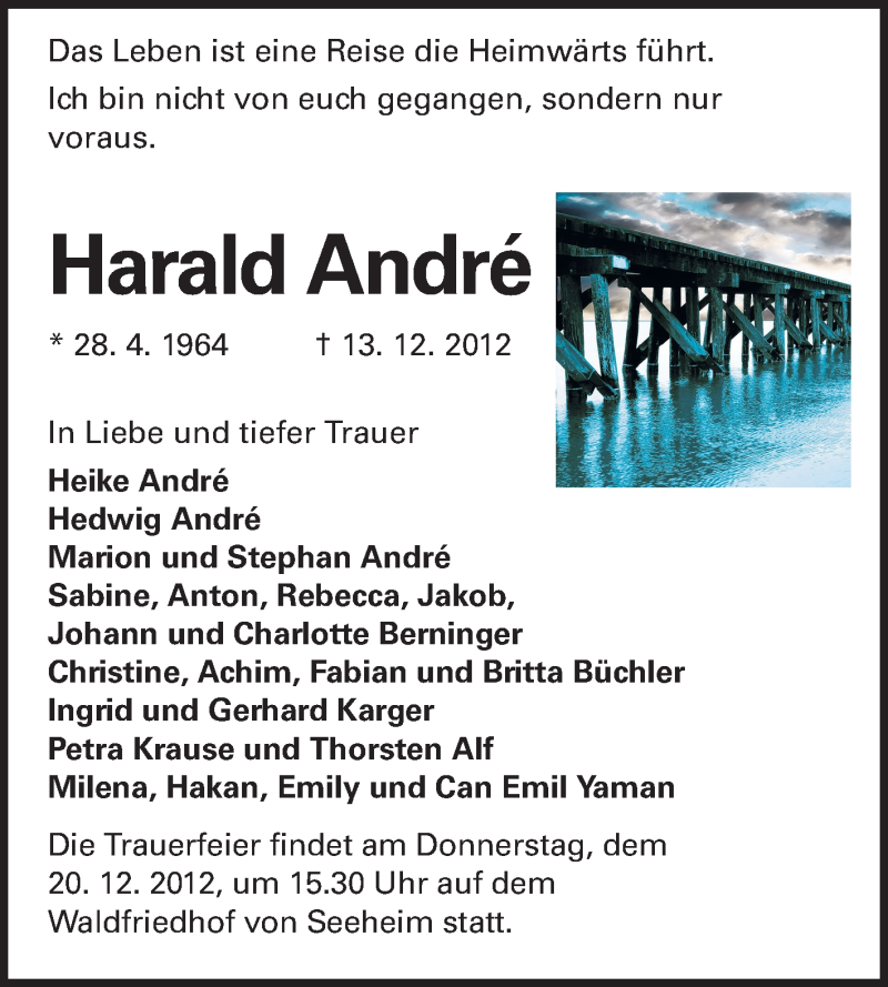  Traueranzeige für Harald Andre vom 15.12.2012 aus Echo-Zeitungen (Gesamtausgabe)
