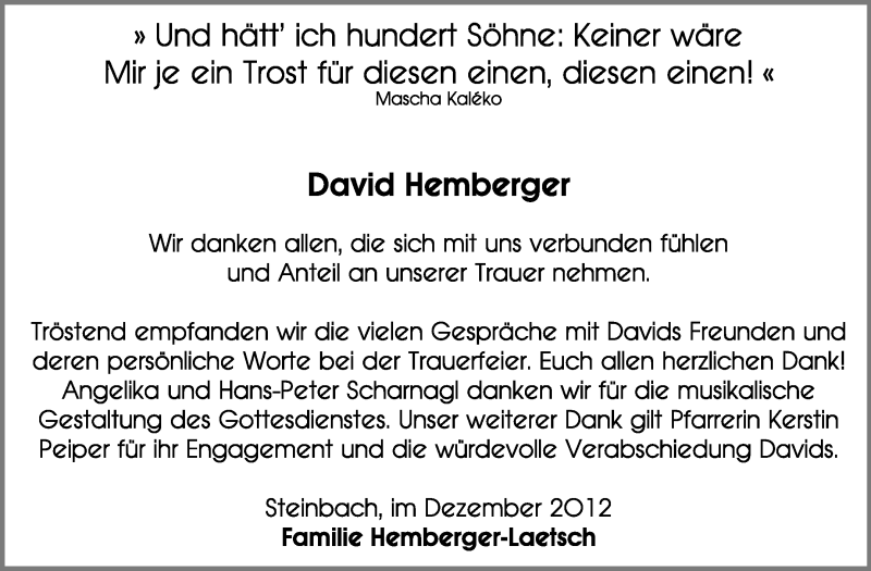  Traueranzeige für David Hemberger vom 15.12.2012 aus Odenwälder Echo