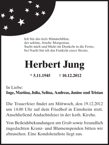 Traueranzeige von Herbert Jung von Rüsselsheimer Echo, Groß-Gerauer-Echo, Ried Echo