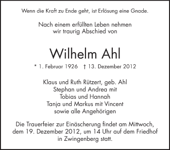 Traueranzeige von Wilhelm Ahl von Echo-Zeitungen (Gesamtausgabe)