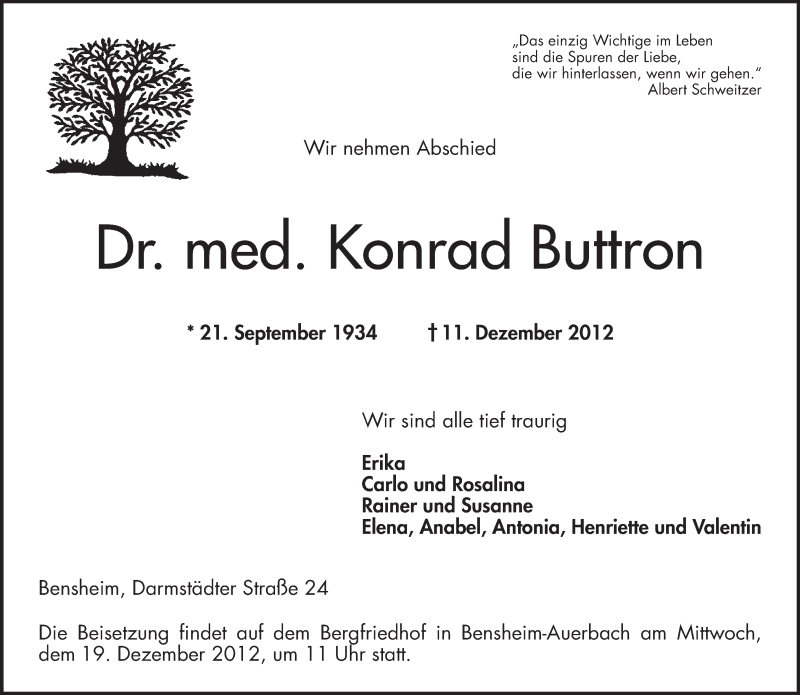  Traueranzeige für Konrad Buttron vom 15.12.2012 aus Starkenburger Echo