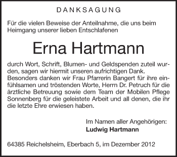 Traueranzeige von Erna Hartmann von Darmstädter Echo, Odenwälder Echo, Rüsselsheimer Echo, Groß-Gerauer-Echo, Ried Echo