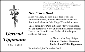 Traueranzeige von Gertrud Tippmann von Odenwälder Echo