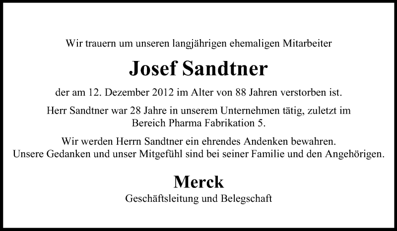  Traueranzeige für Josef Sandtner vom 17.12.2012 aus Echo-Zeitungen (Gesamtausgabe)