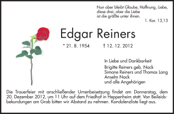 Traueranzeige von Edgar Reiners von Starkenburger Echo