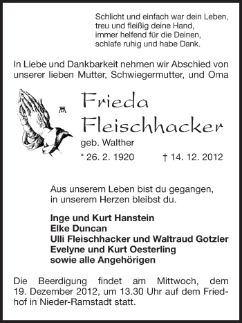 Traueranzeige von Frieda Fleischhacker von Echo-Zeitungen (Gesamtausgabe)