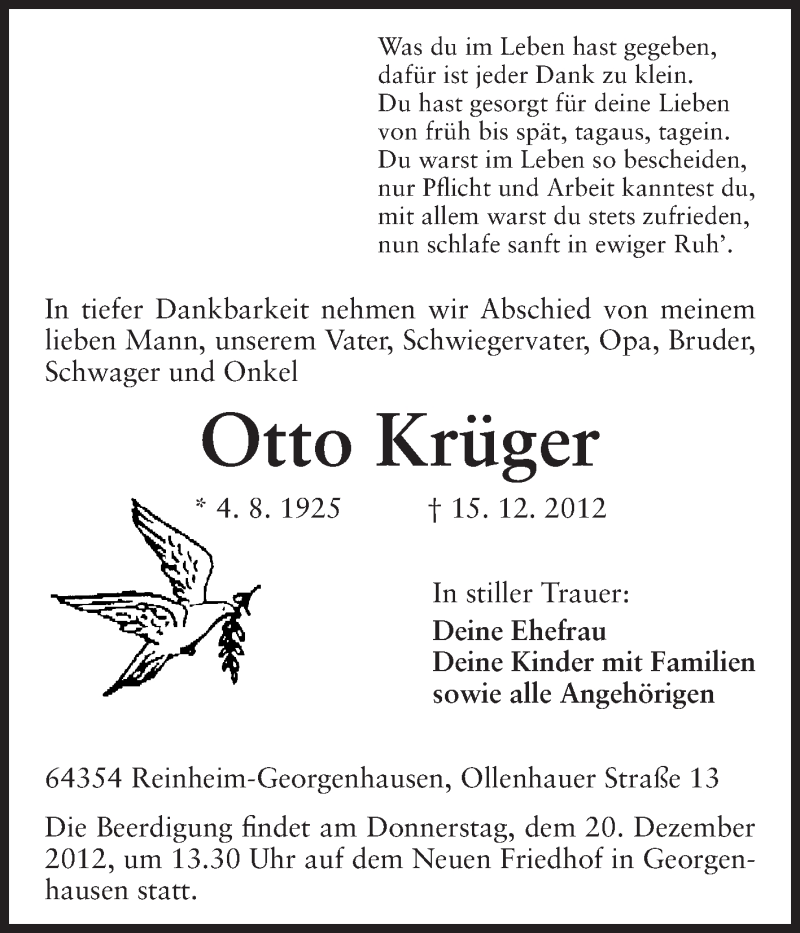  Traueranzeige für Otto Krüger vom 17.12.2012 aus Echo-Zeitungen (Gesamtausgabe)