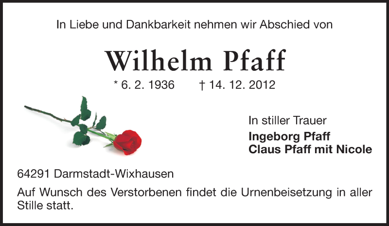  Traueranzeige für Wilhelm Pfaff vom 21.12.2012 aus Echo-Zeitungen (Gesamtausgabe)
