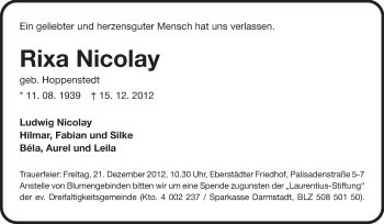 Traueranzeige von Rixa Nicolay von Echo-Zeitungen (Gesamtausgabe)