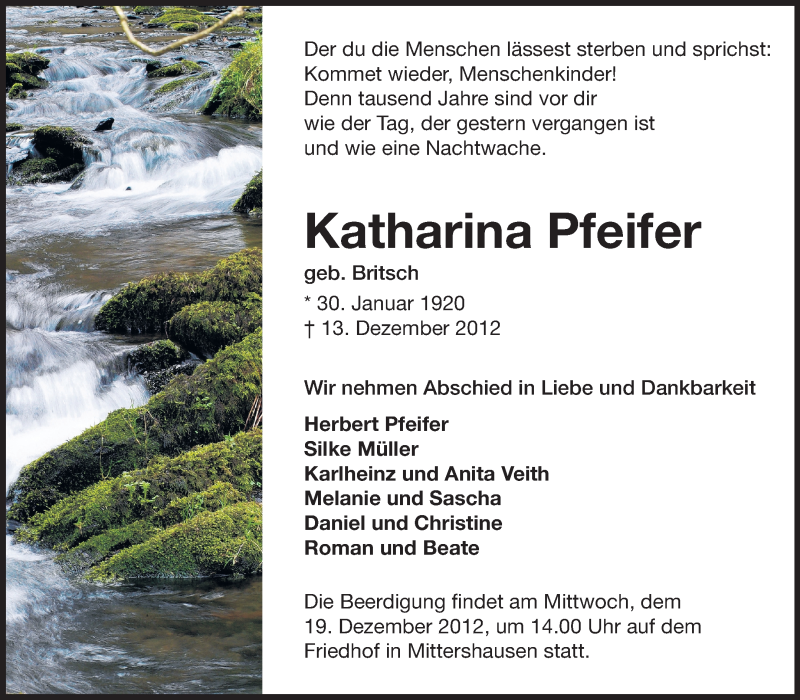  Traueranzeige für Katharina Pfeifer vom 18.12.2012 aus Starkenburger Echo