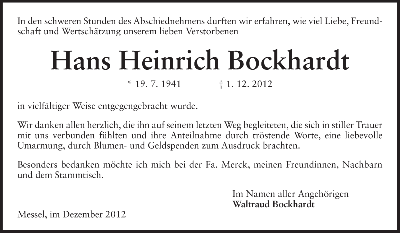  Traueranzeige für Hans Heinrich Bockhardt vom 19.12.2012 aus Echo-Zeitungen (Gesamtausgabe)