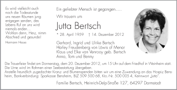 Traueranzeige von Jutta Bertsch von Darmstädter Echo, Odenwälder Echo, Rüsselsheimer Echo, Groß-Gerauer-Echo, Ried Echo