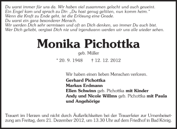 Traueranzeige von Monika Pichottka von Odenwälder Echo