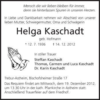 Traueranzeige von Helga Kaschadt von Rüsselsheimer Echo, Groß-Gerauer-Echo, Ried Echo