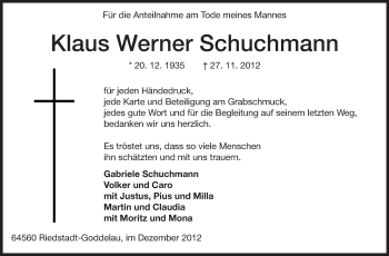 Traueranzeige von Klaus Werner Schuchmann von Rüsselsheimer Echo, Groß-Gerauer-Echo, Ried Echo