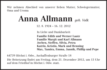 Traueranzeige von Anna Allmann von Odenwälder Echo