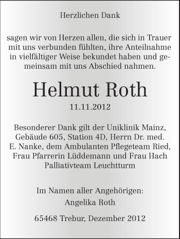Traueranzeige von Helmut Roth von Rüsselsheimer Echo, Groß-Gerauer-Echo, Ried Echo