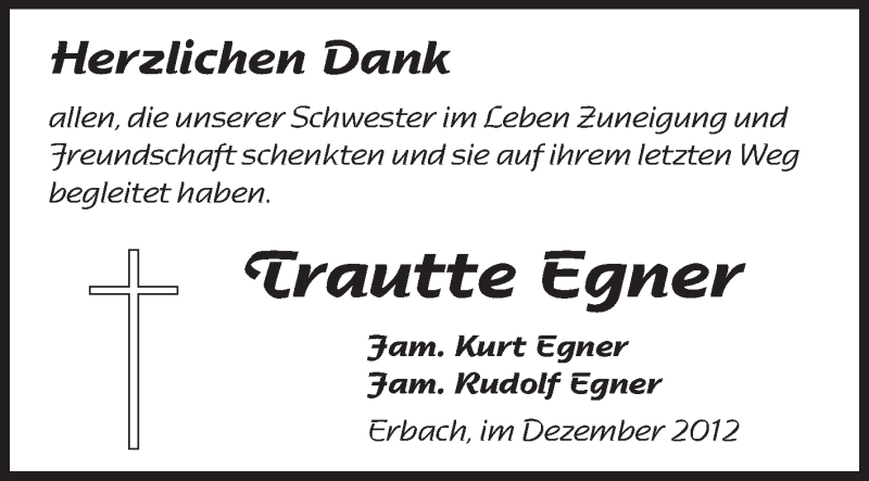  Traueranzeige für Trautte Egner vom 19.12.2012 aus Odenwälder Echo