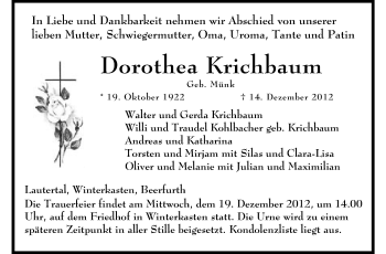 Traueranzeige von Dorothea Krichbaum von Starkenburger Echo