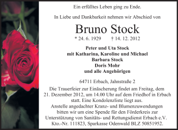 Traueranzeige von Bruno Stock von Odenwälder Echo