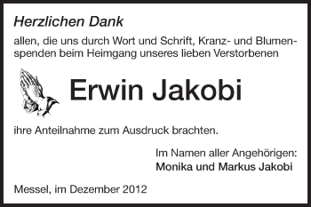 Traueranzeige von Erwin Jakobi von Echo-Zeitungen (Gesamtausgabe)