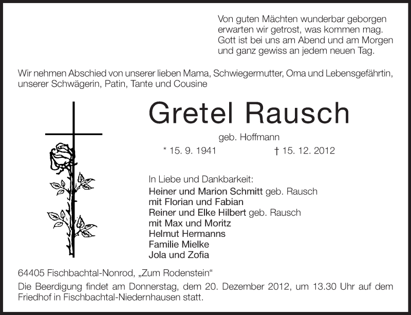  Traueranzeige für Gretel Rausch vom 19.12.2012 aus Echo-Zeitungen (Gesamtausgabe)