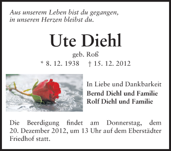 Traueranzeige von Ute Diehl von Echo-Zeitungen (Gesamtausgabe)