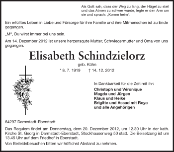 Traueranzeige von Elisabeth Schindzielorz von Echo-Zeitungen (Gesamtausgabe)