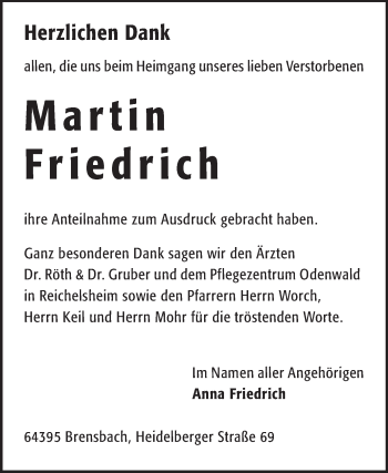 Traueranzeige von Martin Friedrich von Odenwälder Echo