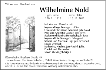 Traueranzeige von Wilhelmine Nold von Rüsselsheimer Echo, Groß-Gerauer-Echo, Ried Echo