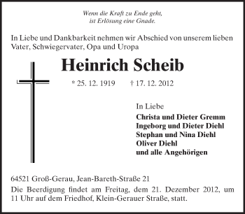 Traueranzeige von Heinrich Scheib von Rüsselsheimer Echo, Groß-Gerauer-Echo, Ried Echo