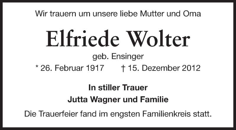  Traueranzeige für Elfriede Wolter vom 22.12.2012 aus Starkenburger Echo