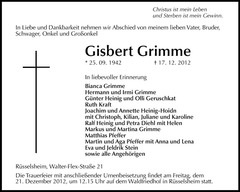  Traueranzeige für Gisbert Grimme vom 19.12.2012 aus Rüsselsheimer Echo, Groß-Gerauer-Echo, Ried Echo