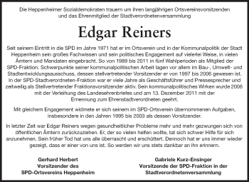 Traueranzeige von Edgar Reiners von Starkenburger Echo