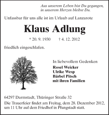 Traueranzeige von Klaus Adlung von Echo-Zeitungen (Gesamtausgabe)