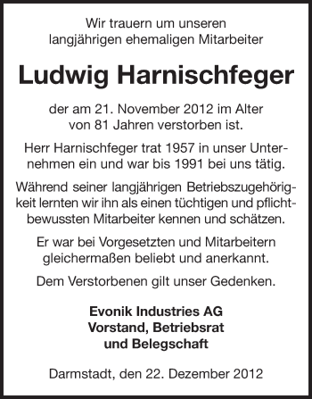 Traueranzeige von Ludwig Harnischfeger von Echo-Zeitungen (Gesamtausgabe)