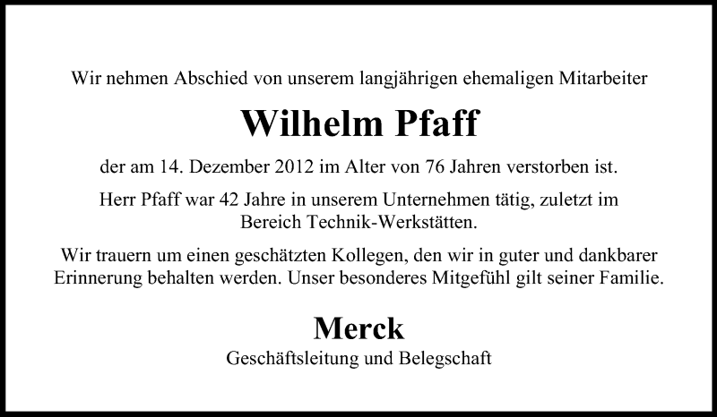  Traueranzeige für Wilhelm Pfaff vom 21.12.2012 aus Echo-Zeitungen (Gesamtausgabe)