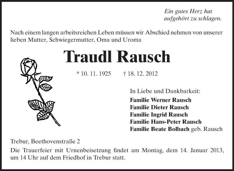  Traueranzeige für Traudl Rausch vom 21.12.2012 aus Rüsselsheimer Echo, Groß-Gerauer-Echo, Ried Echo